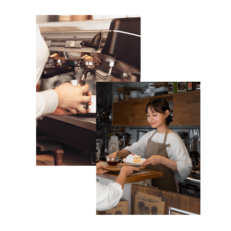 A barista preparing coffee at a coffee machine and serving a slice of cake and a cup of tea to a customer.