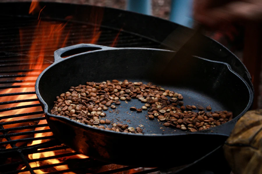 Use the pan to roast the coffee beans